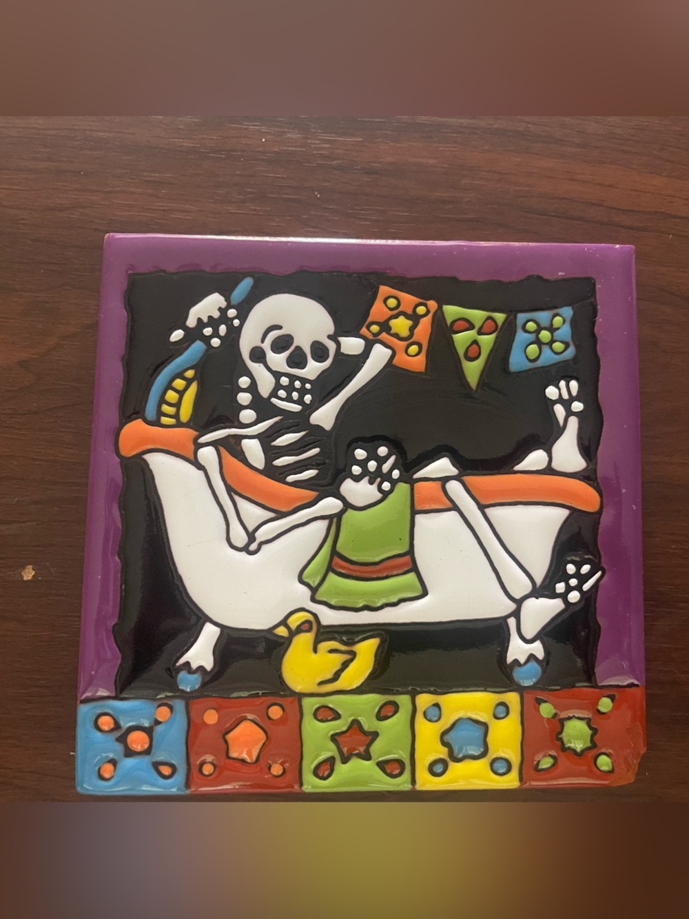 Decorative “Dia de Los Muertos”Skeleton Bath Tile - Purple Trivet or Coaster !